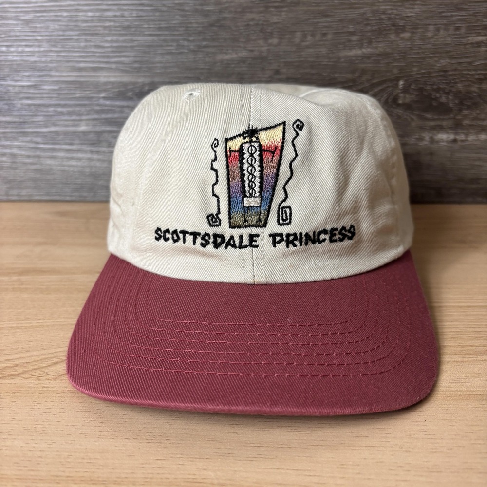 VINTAGE Scottsdale Princess Hat Cap Strap Back Tan Burgundy Embroidered 90s